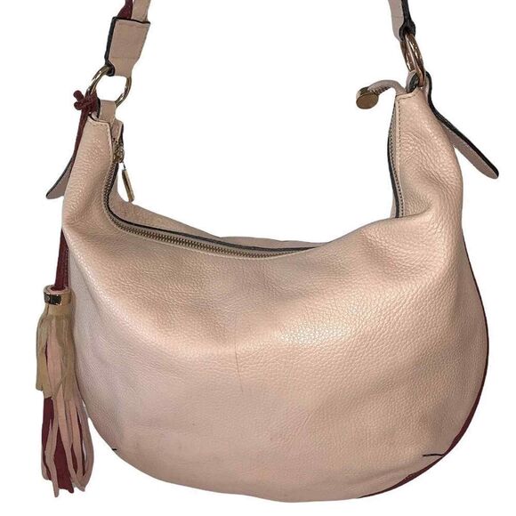 INNUE ITALIAN Leather Hobo Shoulder Bag With Tassel Blush With Wine Trim Hippy